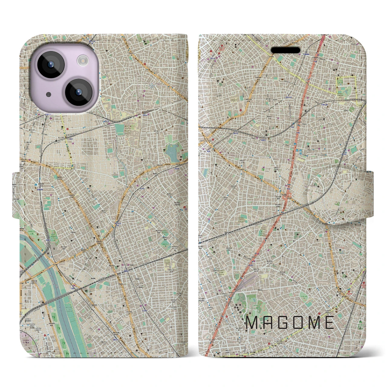 【馬込】地図柄iPhoneケース（手帳両面タイプ・ナチュラル）iPhone 14 用