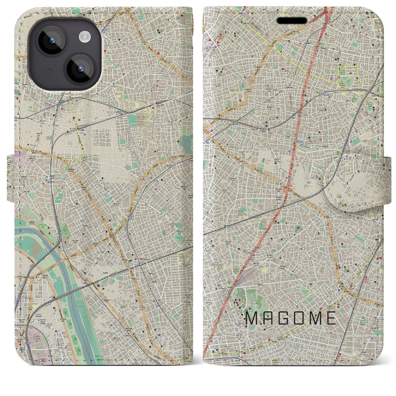 【馬込】地図柄iPhoneケース（手帳両面タイプ・ナチュラル）iPhone 14 Plus 用
