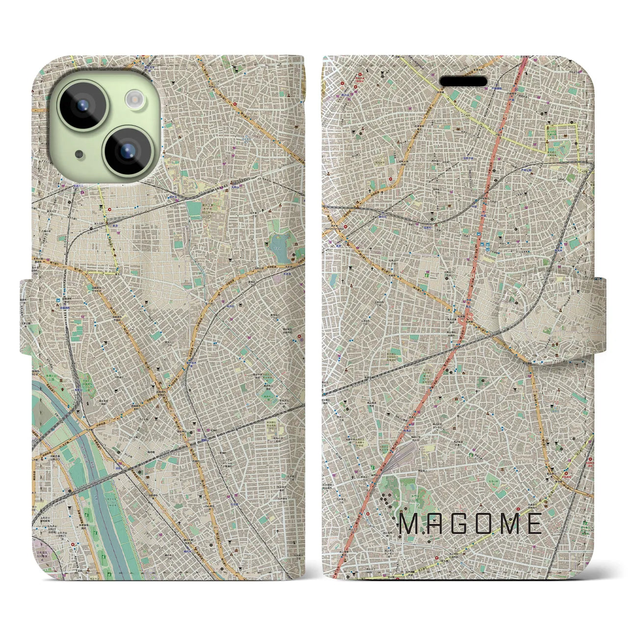 【馬込】地図柄iPhoneケース（手帳両面タイプ・ナチュラル）iPhone 15 用