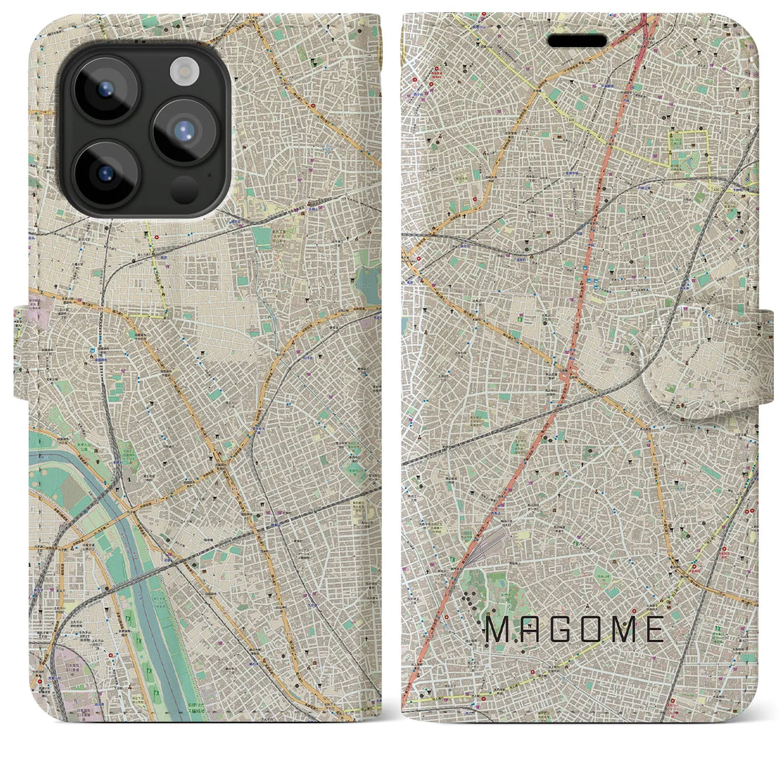 【馬込】地図柄iPhoneケース（手帳両面タイプ・ナチュラル）iPhone 15 Pro Max 用