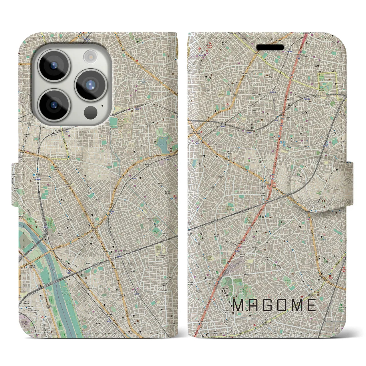 【馬込】地図柄iPhoneケース（手帳両面タイプ・ナチュラル）iPhone 15 Pro 用