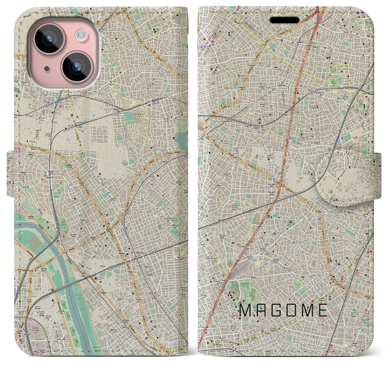 【馬込】地図柄iPhoneケース（手帳両面タイプ・ナチュラル）iPhone 15 Plus 用