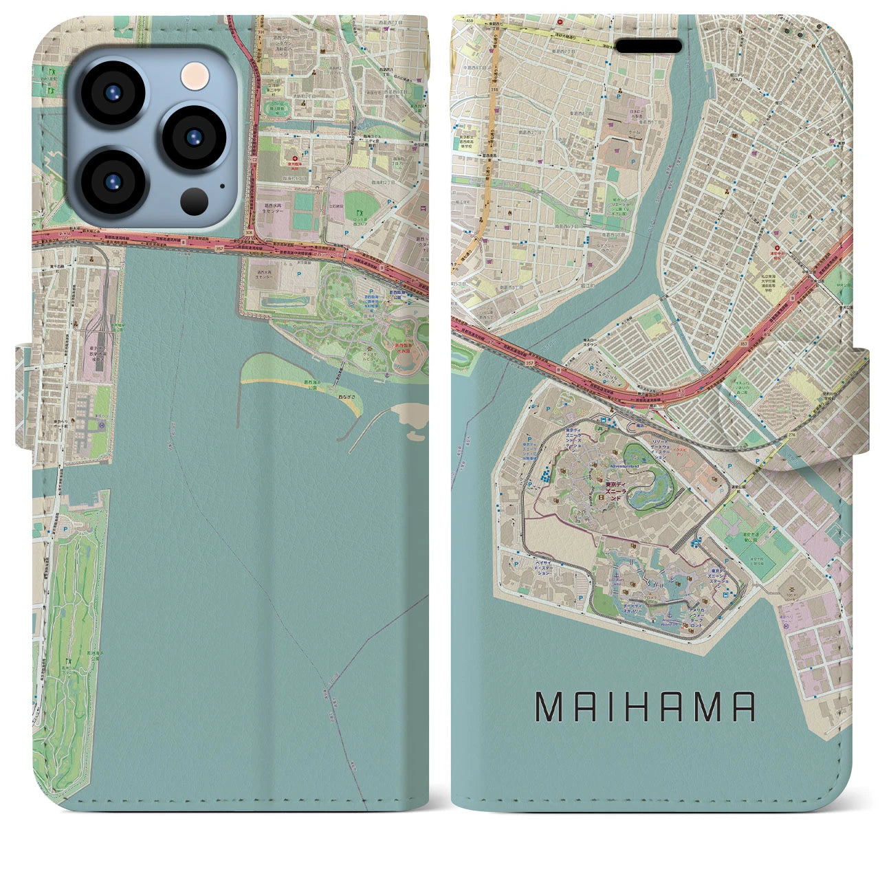 【舞浜】地図柄iPhoneケース（手帳両面タイプ・ナチュラル）iPhone 13 Pro Max 用