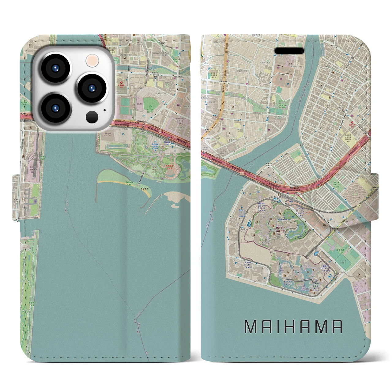 【舞浜】地図柄iPhoneケース（手帳両面タイプ・ナチュラル）iPhone 13 Pro 用