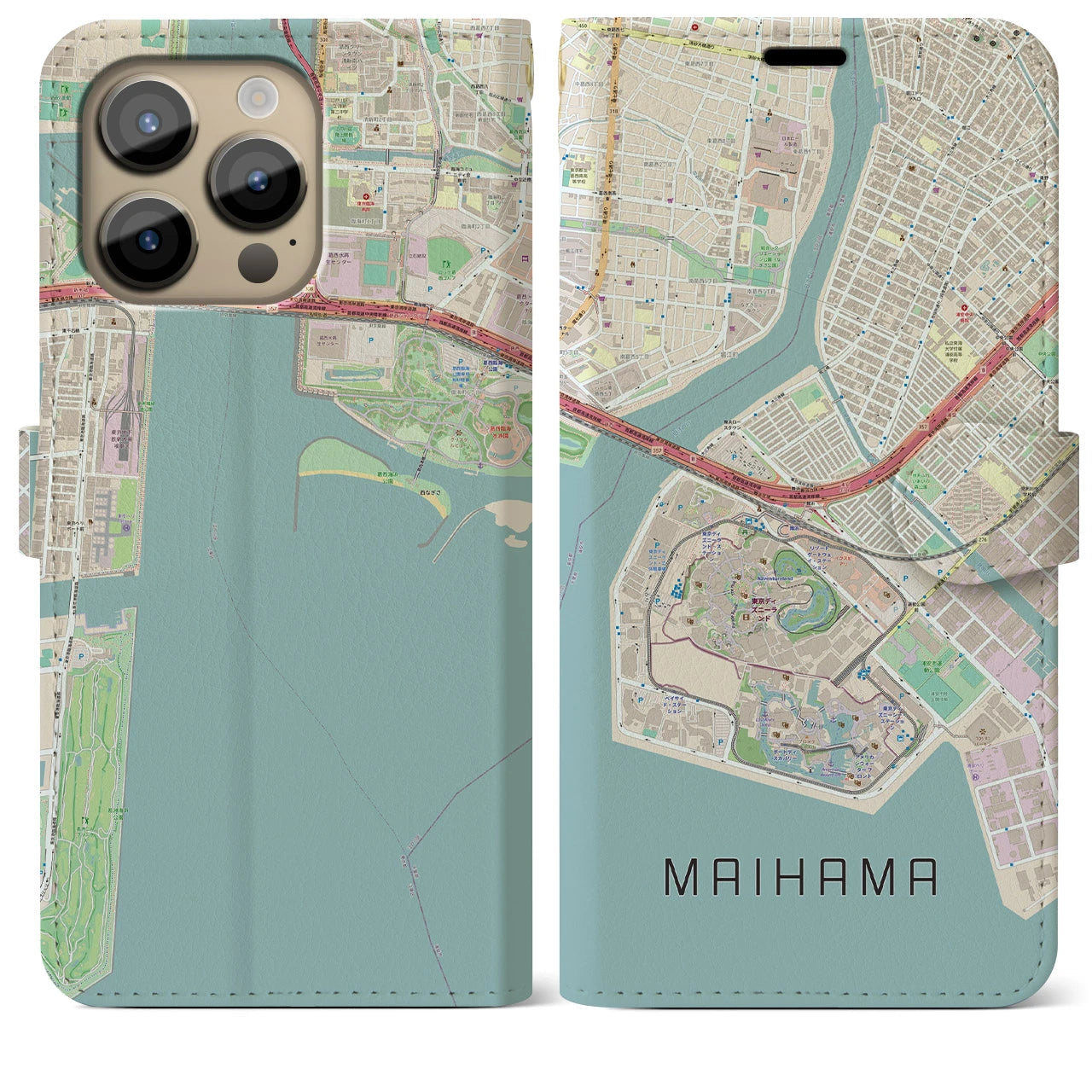 【舞浜】地図柄iPhoneケース（手帳両面タイプ・ナチュラル）iPhone 14 Pro Max 用