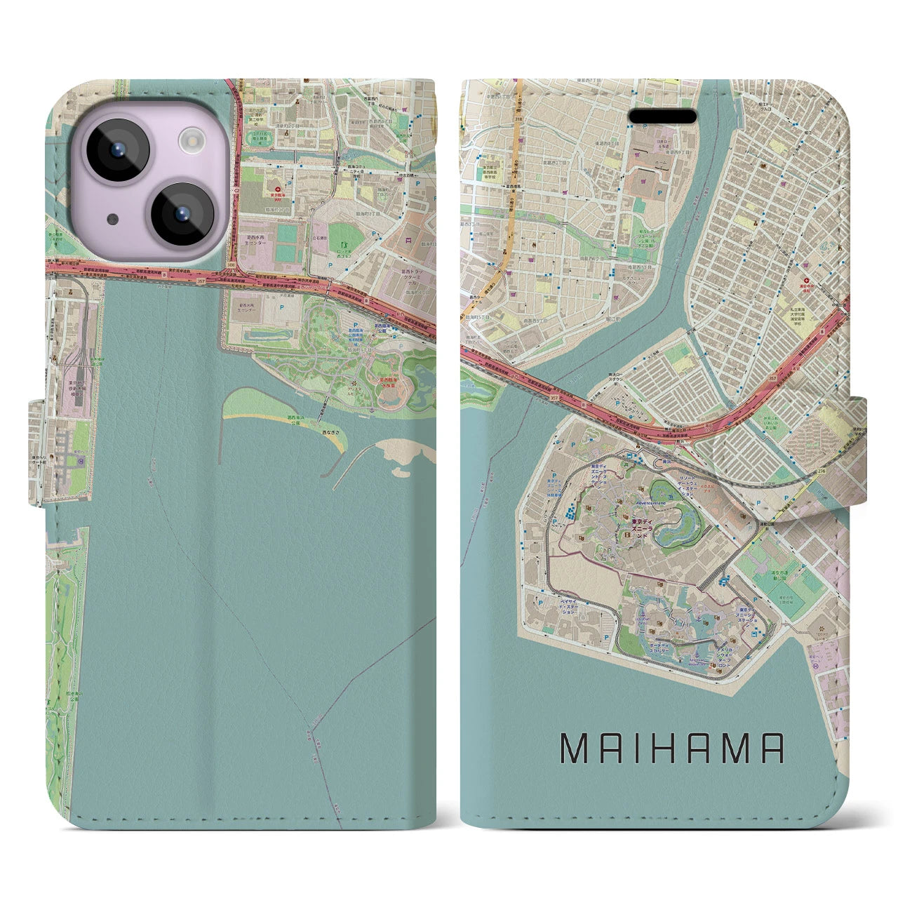 【舞浜】地図柄iPhoneケース（手帳両面タイプ・ナチュラル）iPhone 14 用