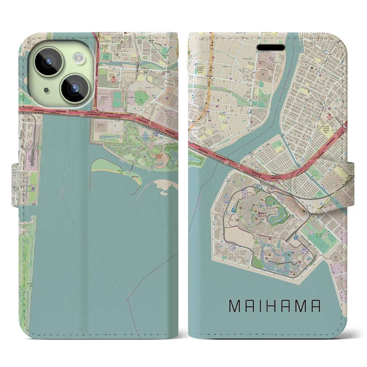 【舞浜】地図柄iPhoneケース（手帳両面タイプ・ナチュラル）iPhone 15 用