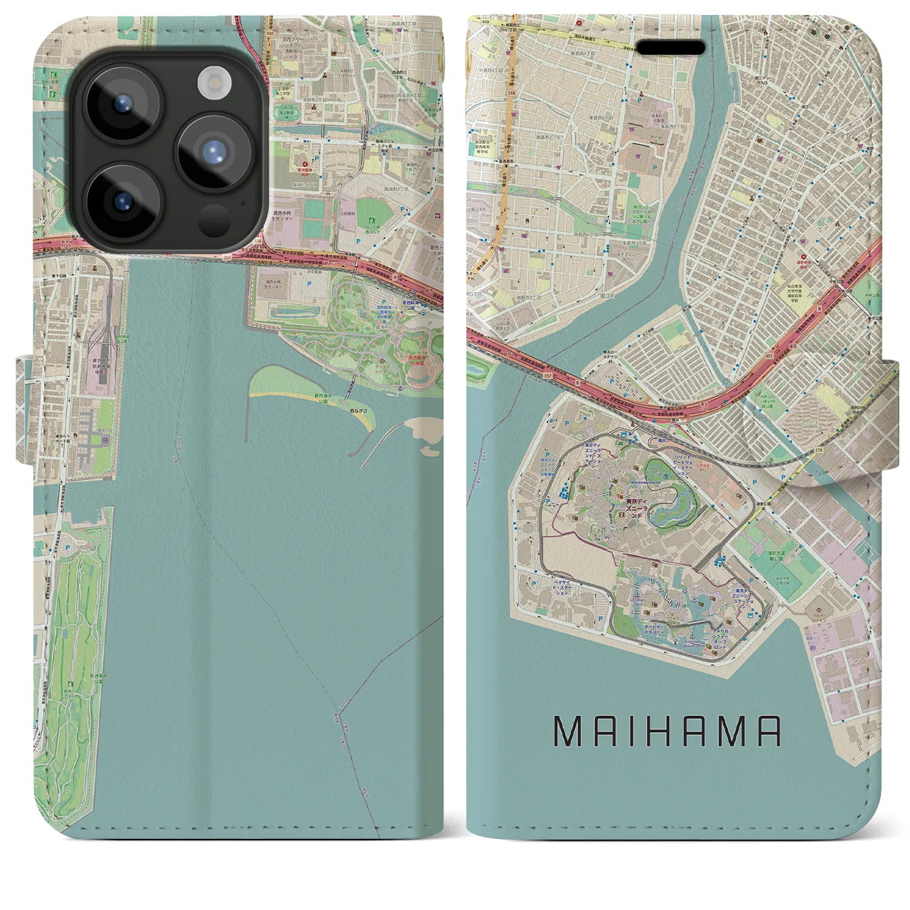 【舞浜】地図柄iPhoneケース（手帳両面タイプ・ナチュラル）iPhone 15 Pro Max 用