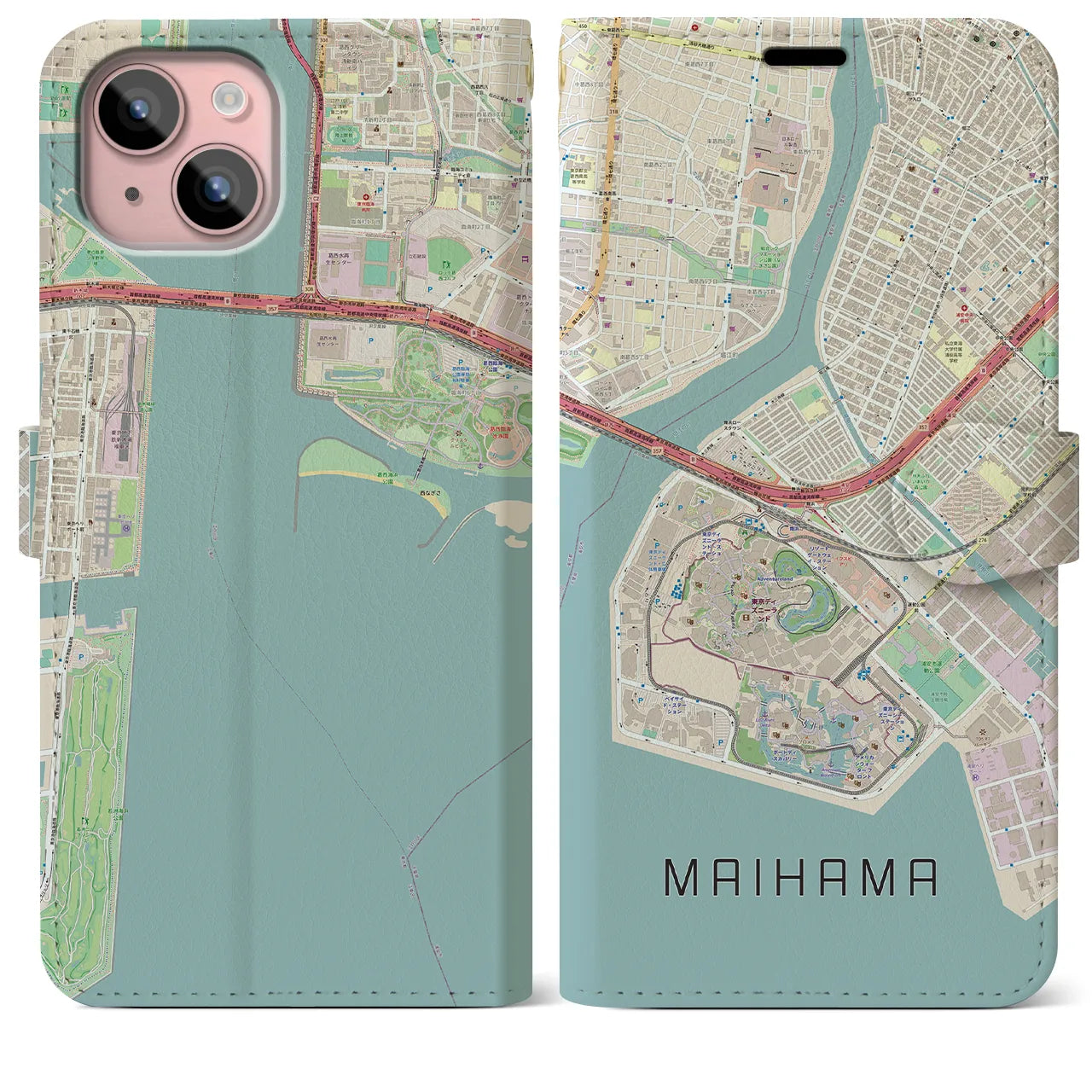 【舞浜】地図柄iPhoneケース（手帳両面タイプ・ナチュラル）iPhone 15 Plus 用