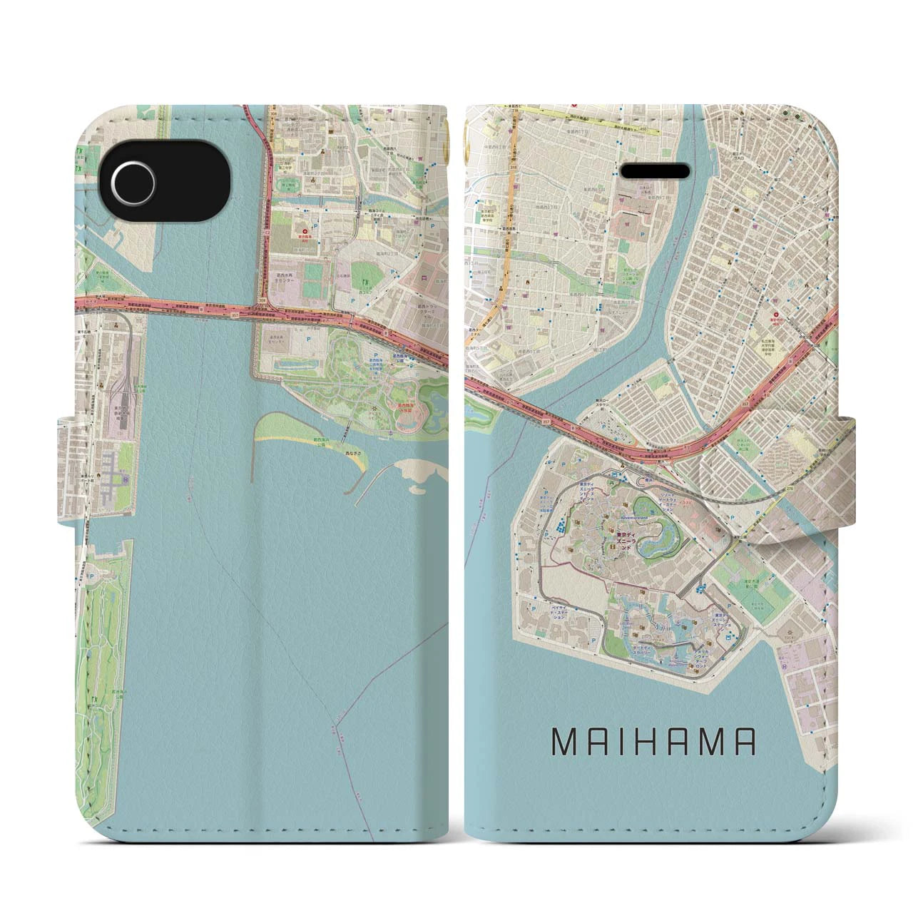 【舞浜】地図柄iPhoneケース（手帳両面タイプ・ナチュラル）iPhone SE（第3 / 第2世代） / 8 / 7 / 6s / 6 用