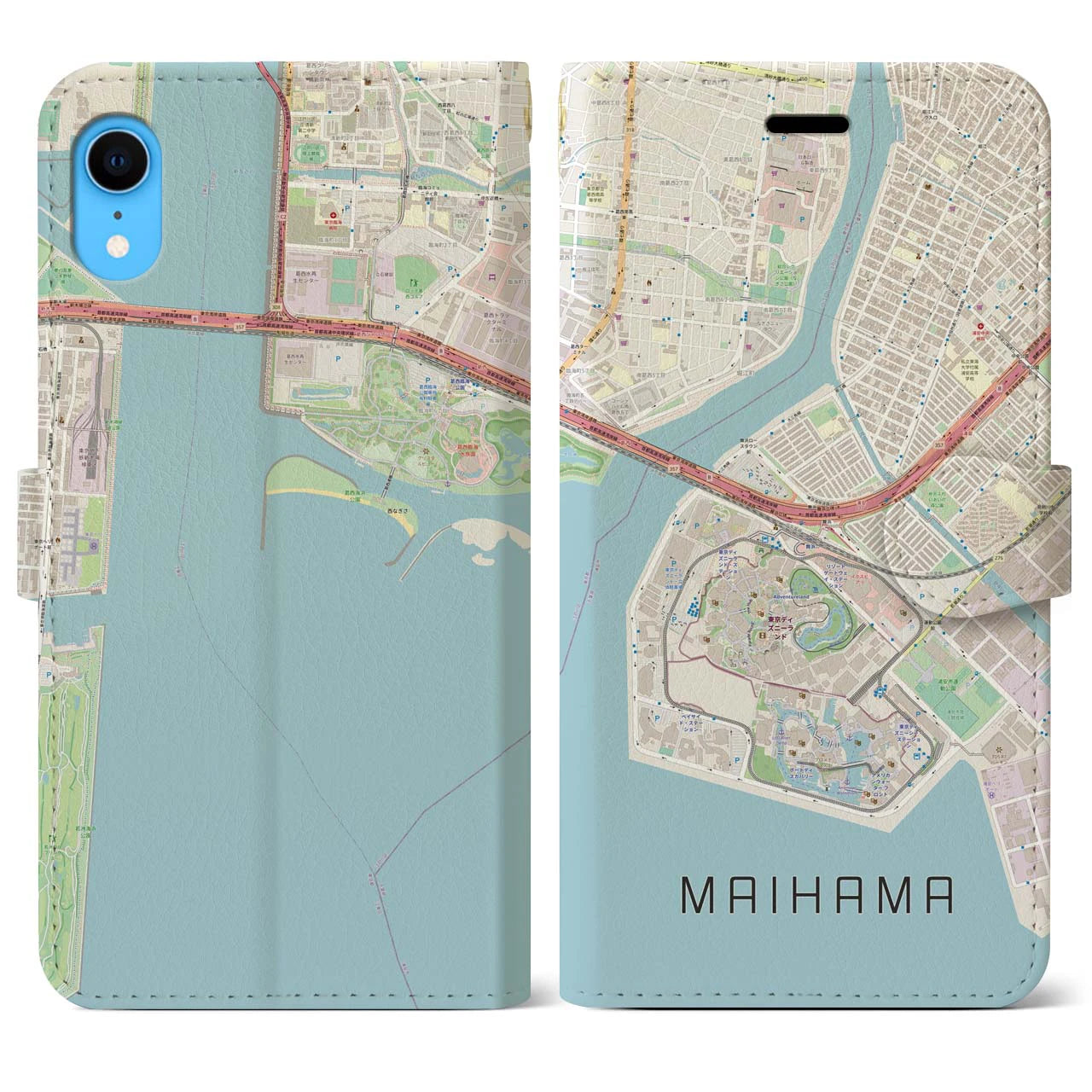 【舞浜】地図柄iPhoneケース（手帳両面タイプ・ナチュラル）iPhone XR 用