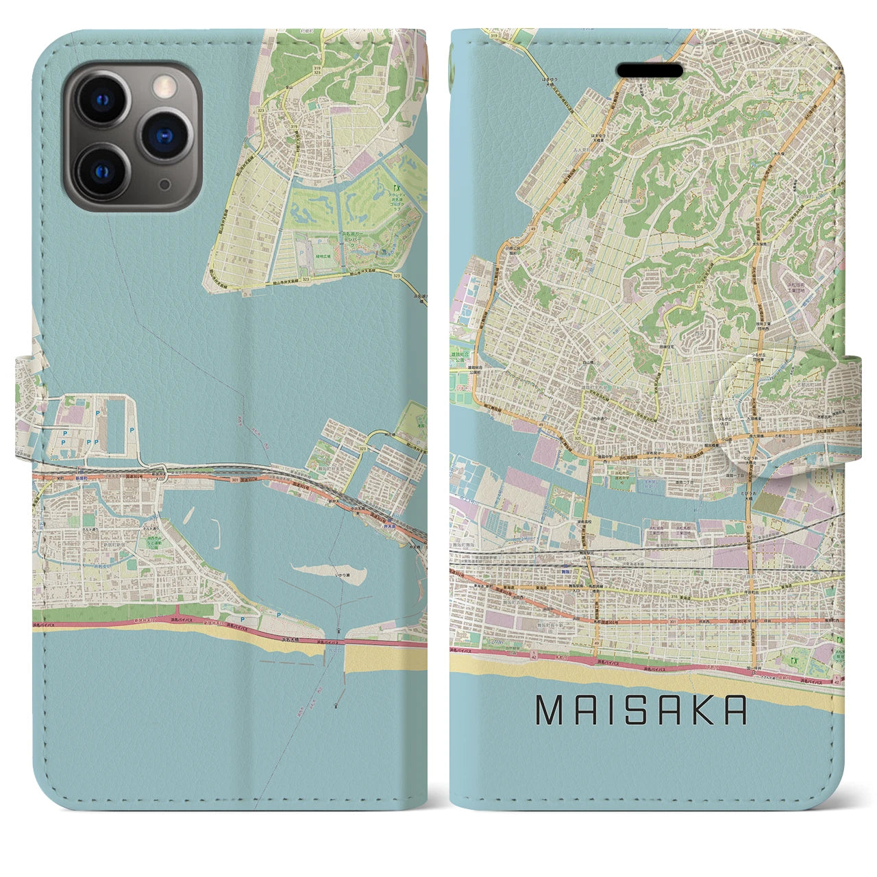 【舞阪】地図柄iPhoneケース（手帳両面タイプ・ナチュラル）iPhone 11 Pro Max 用