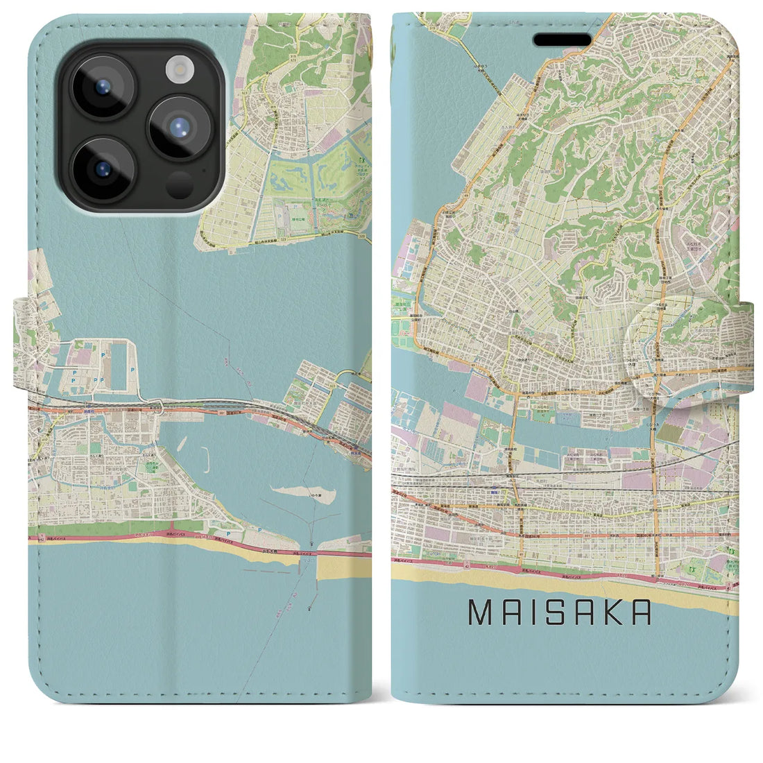 【舞阪】地図柄iPhoneケース（手帳両面タイプ・ナチュラル）iPhone 15 Pro Max 用