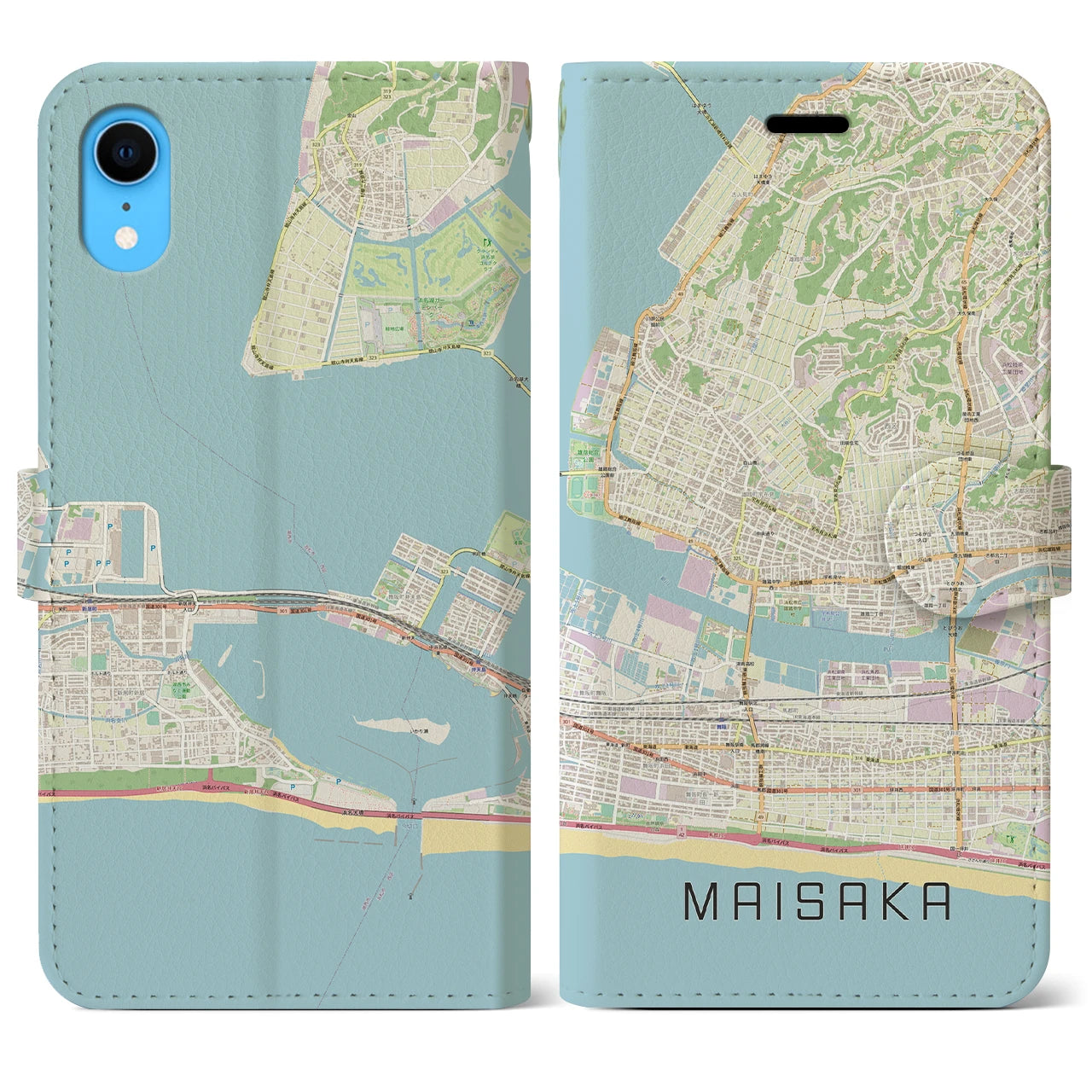 【舞阪】地図柄iPhoneケース（手帳両面タイプ・ナチュラル）iPhone XR 用