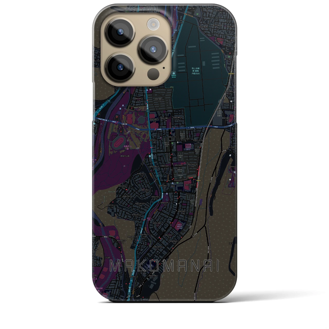 【真駒内】地図柄iPhoneケース（バックカバータイプ・ブラック）iPhone 14 Pro Max 用