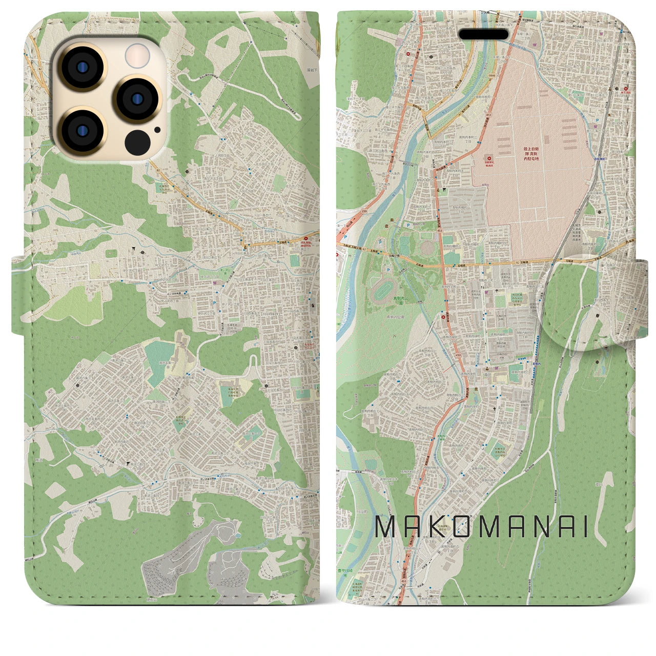 【真駒内】地図柄iPhoneケース（手帳両面タイプ・ナチュラル）iPhone 12 Pro Max 用