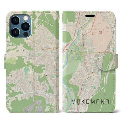 【真駒内（北海道）】地図柄iPhoneケース（手帳タイプ）ナチュラル・iPhone 12 / 12 Pro 用