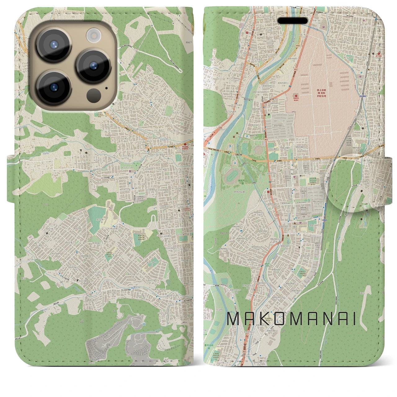【真駒内】地図柄iPhoneケース（手帳両面タイプ・ナチュラル）iPhone 14 Pro Max 用