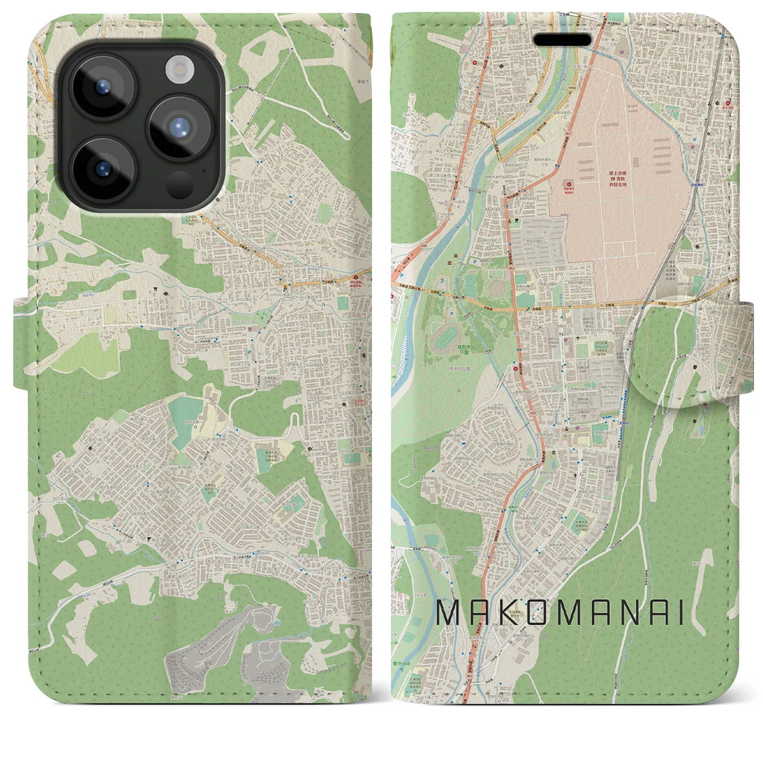【真駒内】地図柄iPhoneケース（手帳両面タイプ・ナチュラル）iPhone 15 Pro Max 用