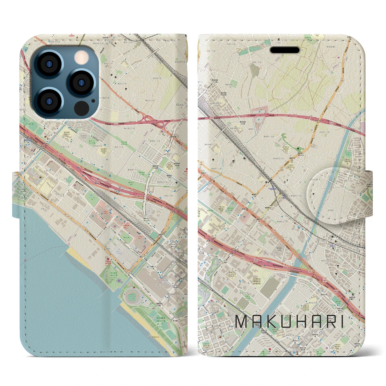 【幕張】地図柄iPhoneケース（手帳両面タイプ・ナチュラル）iPhone 12 / 12 Pro 用