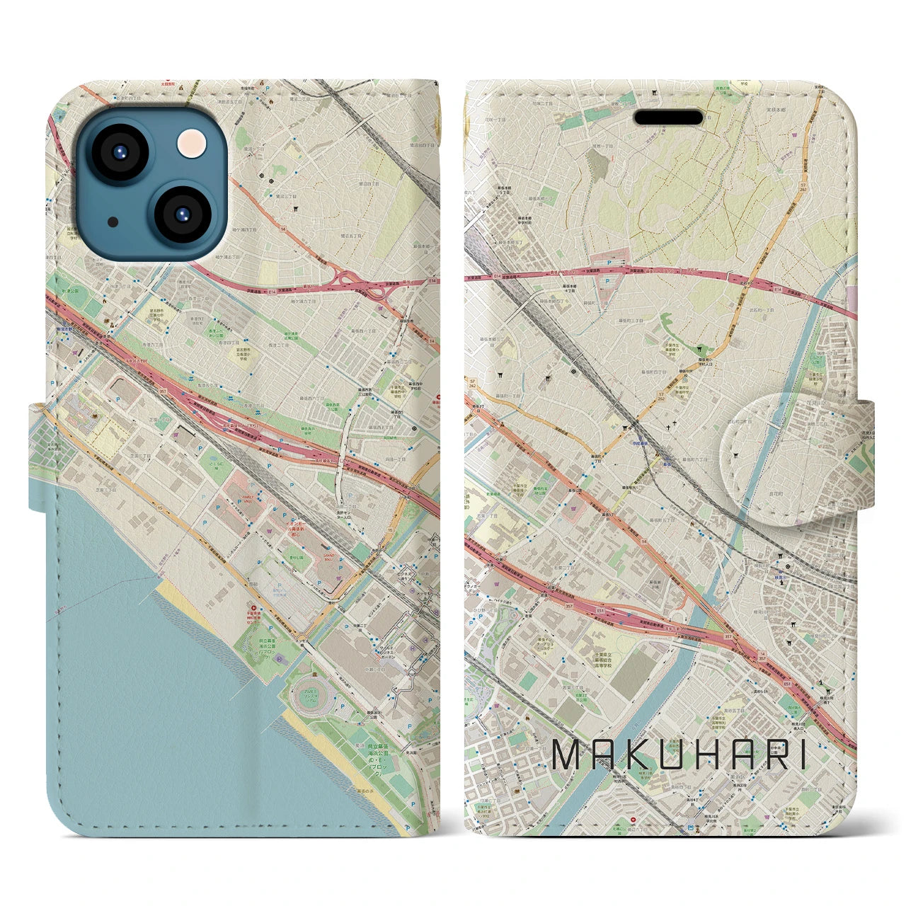 【幕張】地図柄iPhoneケース（手帳両面タイプ・ナチュラル）iPhone 13 用
