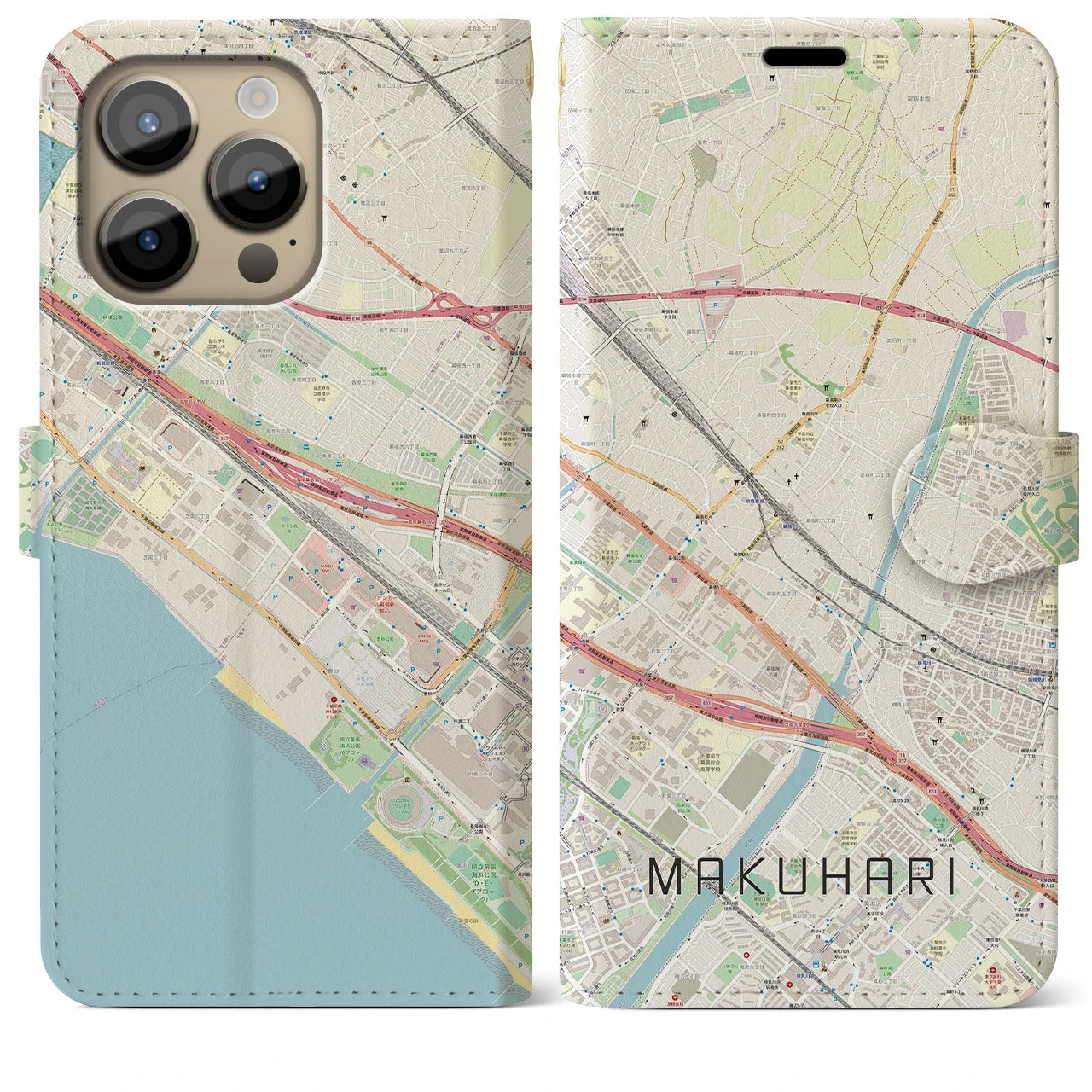 【幕張】地図柄iPhoneケース（手帳両面タイプ・ナチュラル）iPhone 14 Pro Max 用