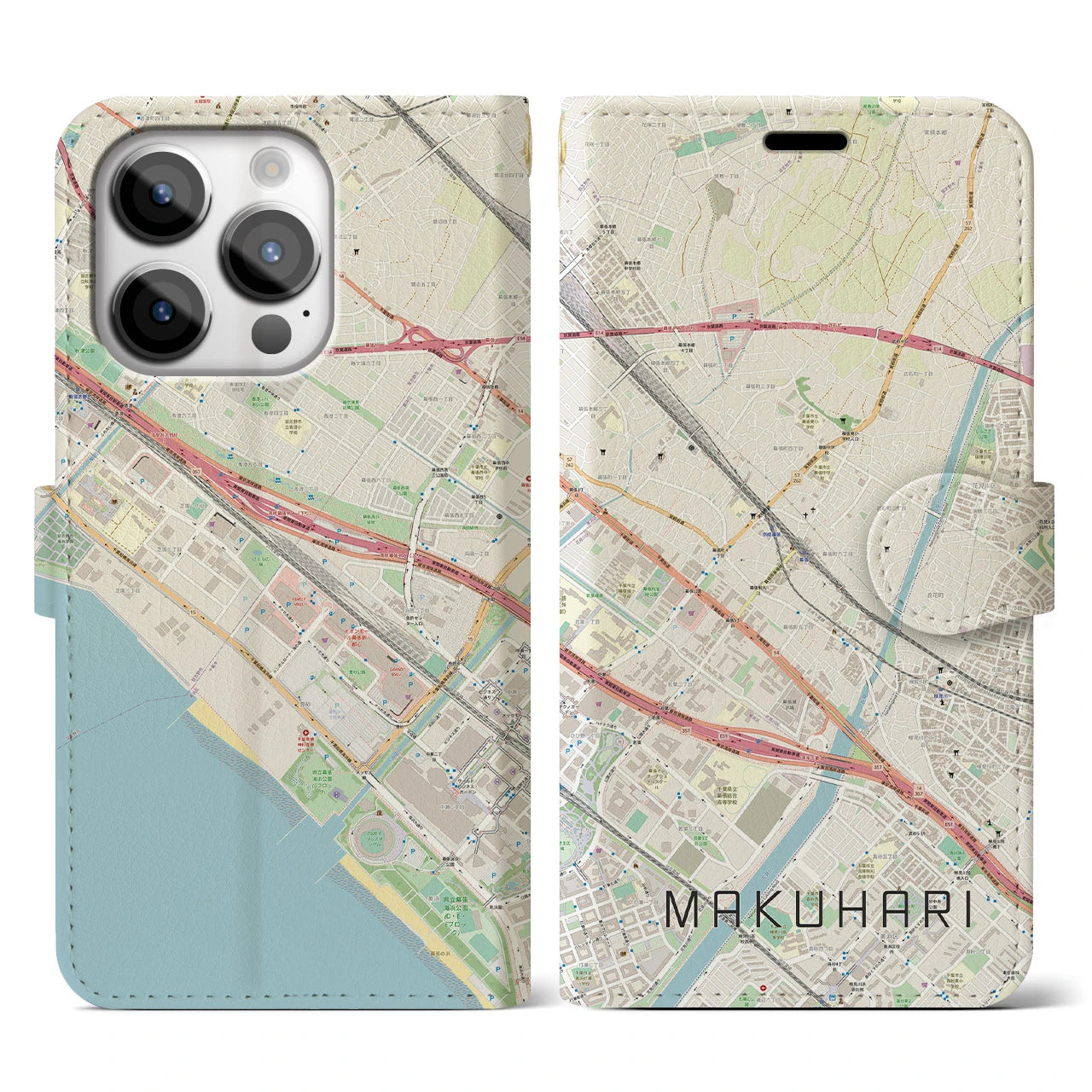 【幕張】地図柄iPhoneケース（手帳両面タイプ・ナチュラル）iPhone 14 Pro 用