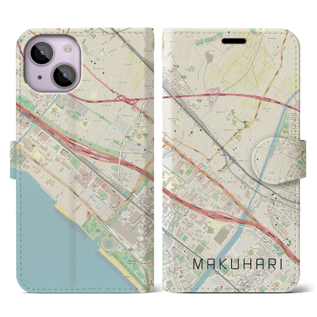 【幕張】地図柄iPhoneケース（手帳両面タイプ・ナチュラル）iPhone 14 用