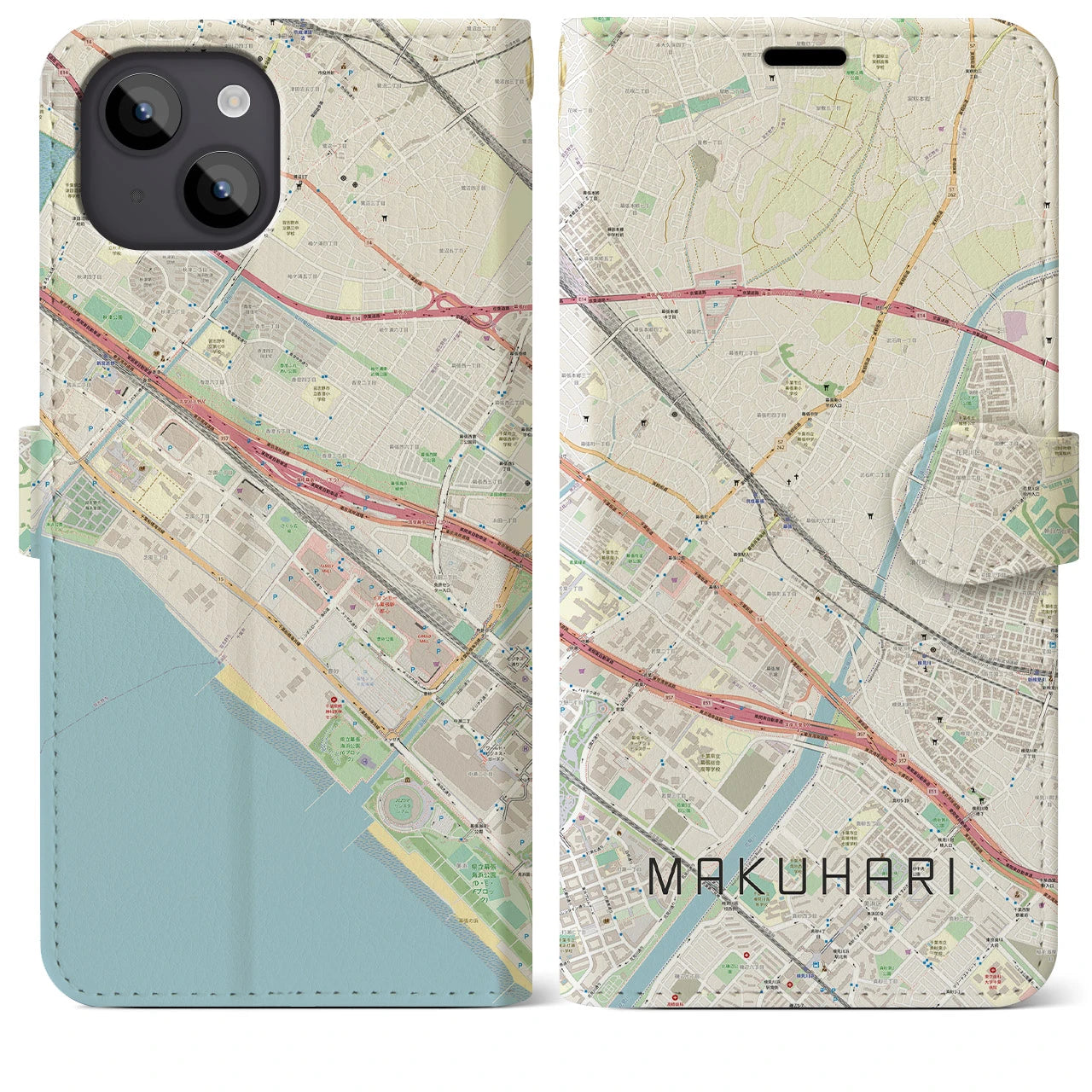 【幕張】地図柄iPhoneケース（手帳両面タイプ・ナチュラル）iPhone 14 Plus 用