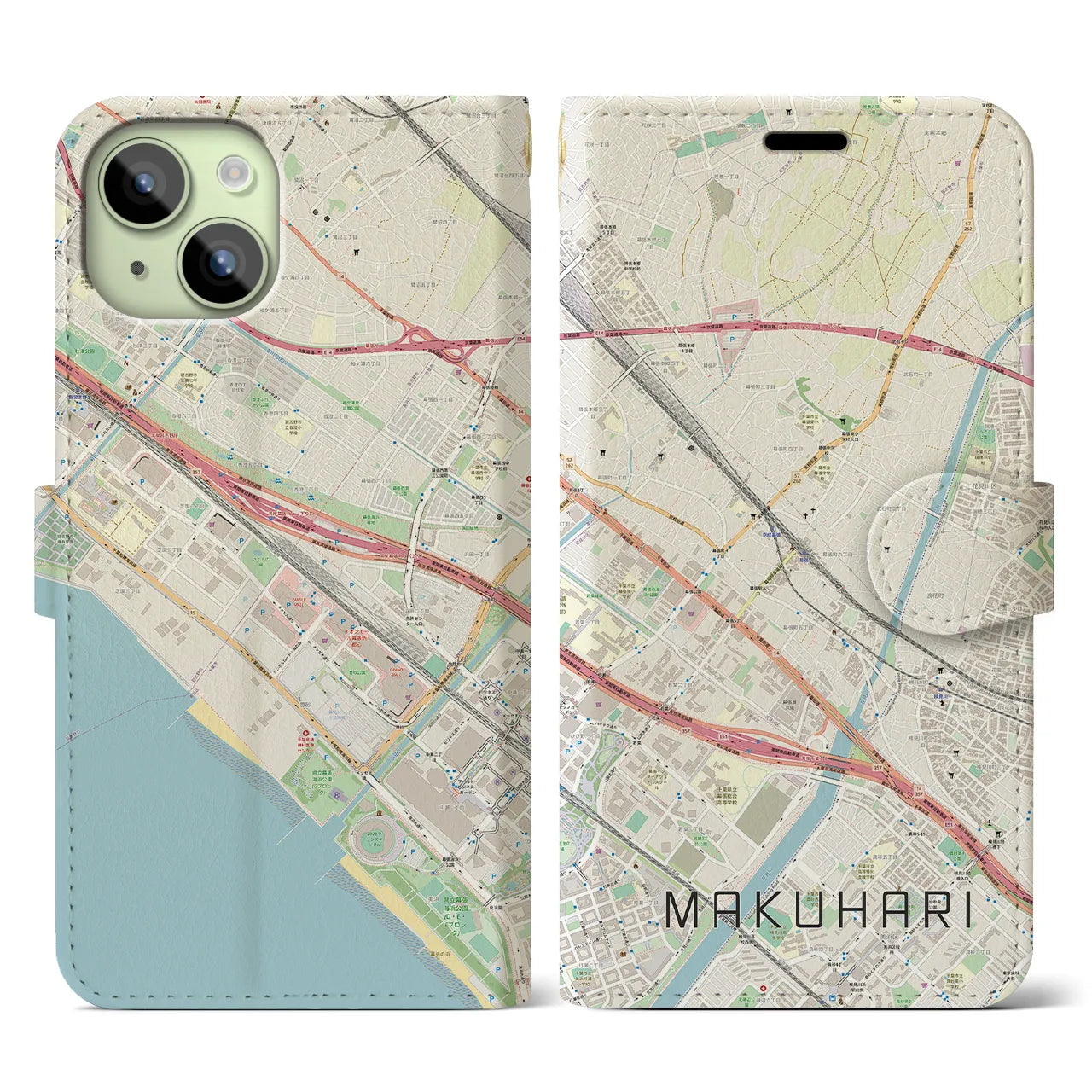 【幕張】地図柄iPhoneケース（手帳両面タイプ・ナチュラル）iPhone 15 用