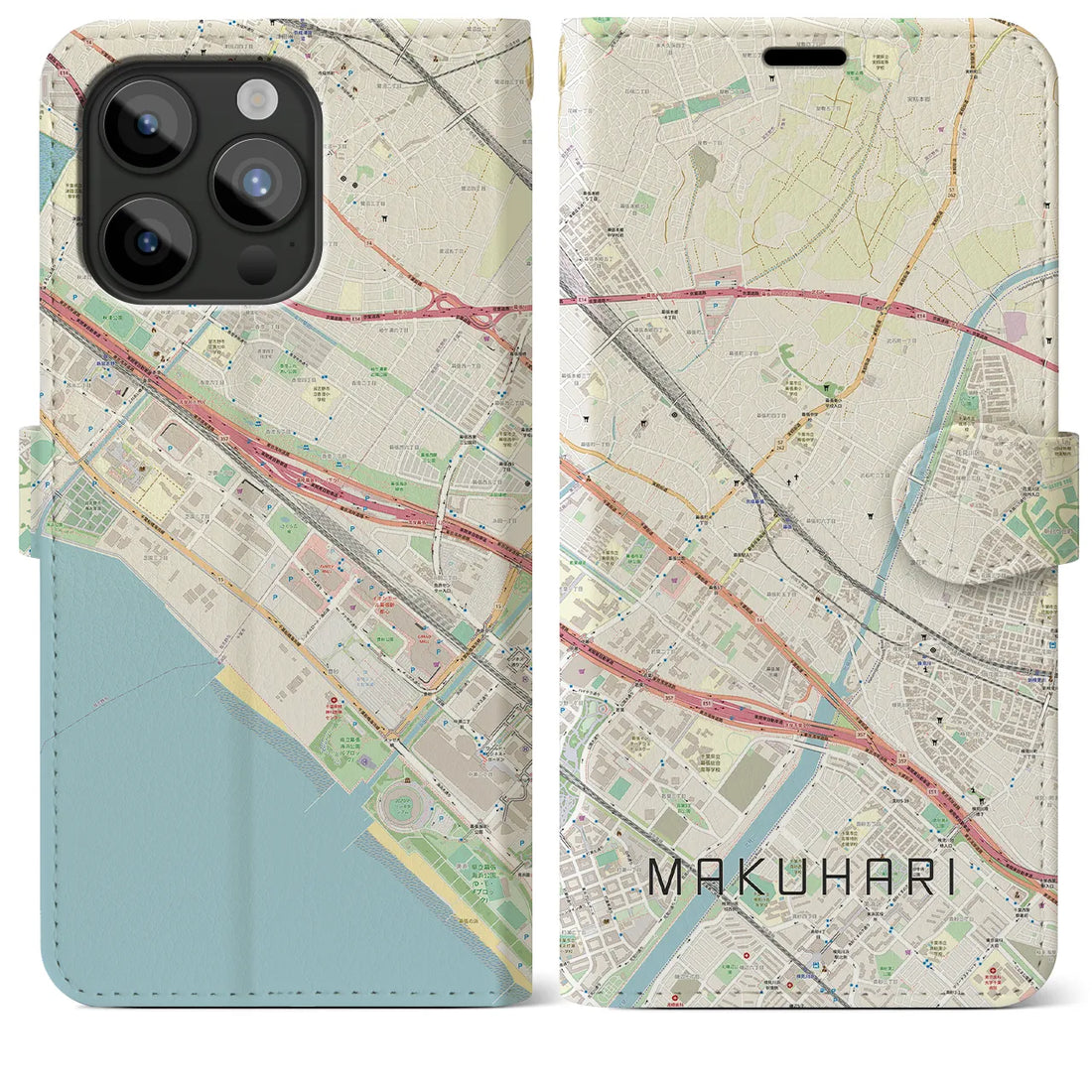 【幕張】地図柄iPhoneケース（手帳両面タイプ・ナチュラル）iPhone 15 Pro Max 用