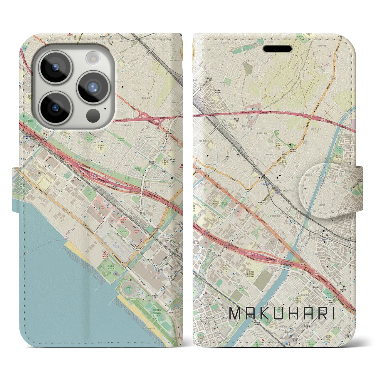 【幕張】地図柄iPhoneケース（手帳両面タイプ・ナチュラル）iPhone 15 Pro 用