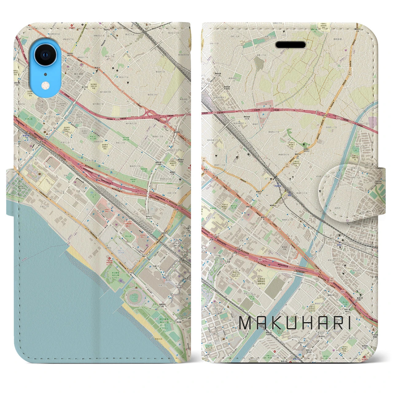 【幕張】地図柄iPhoneケース（手帳両面タイプ・ナチュラル）iPhone XR 用