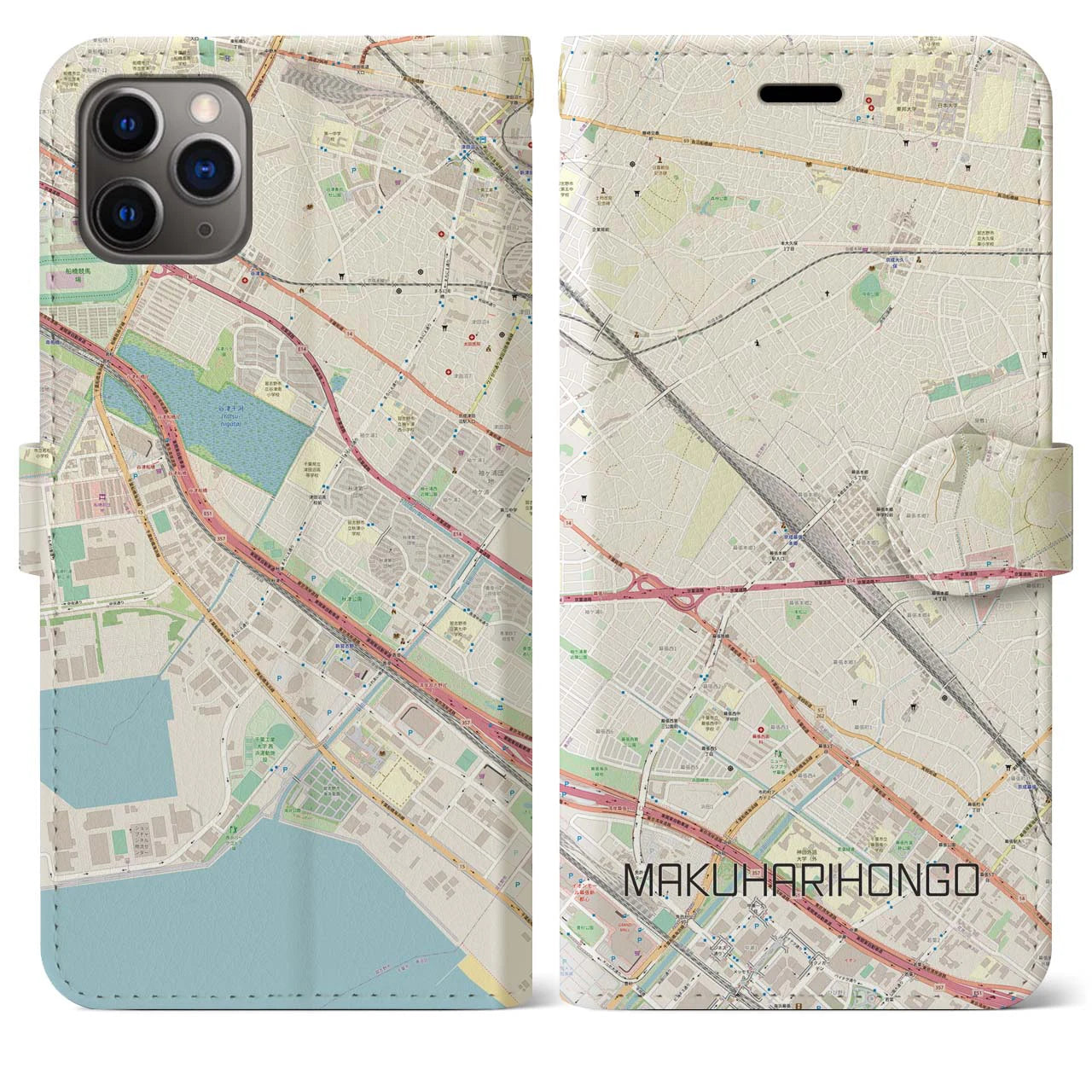 【幕張本郷】地図柄iPhoneケース（手帳両面タイプ・ナチュラル）iPhone 11 Pro Max 用