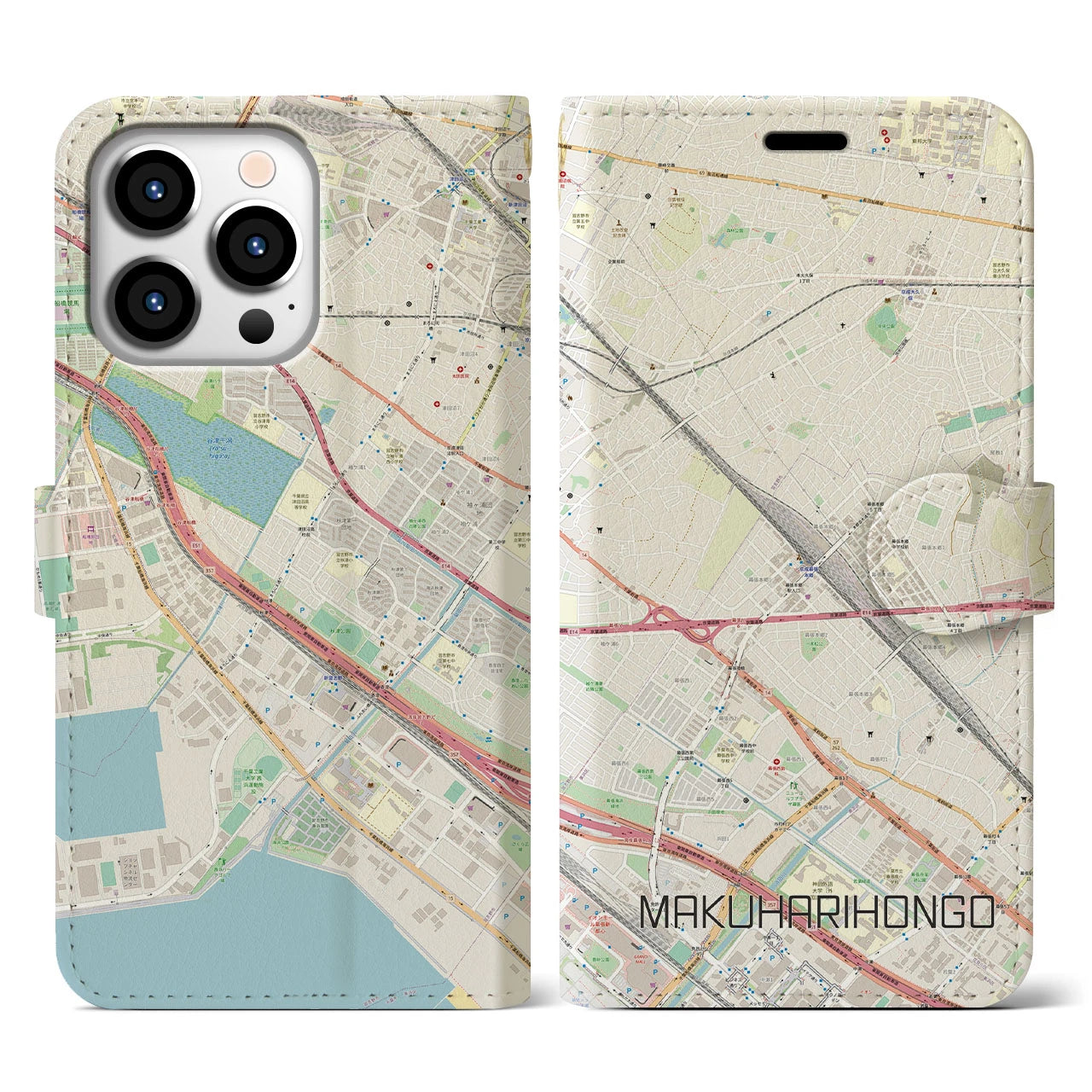 【幕張本郷】地図柄iPhoneケース（手帳両面タイプ・ナチュラル）iPhone 13 Pro 用