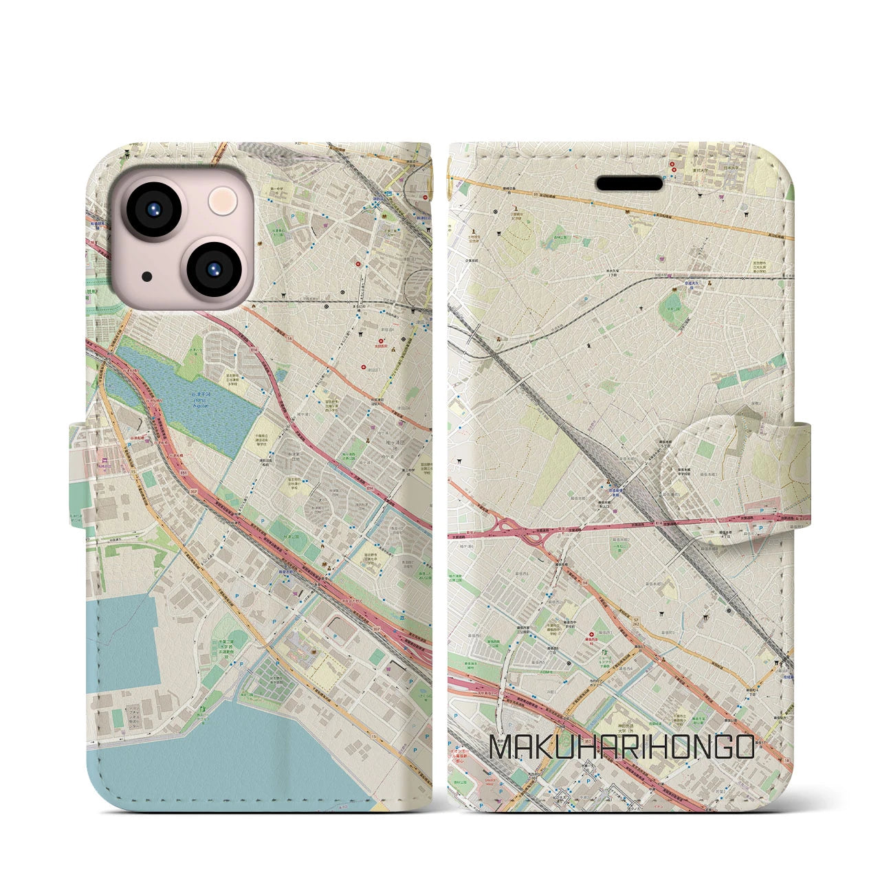 【幕張本郷】地図柄iPhoneケース（手帳両面タイプ・ナチュラル）iPhone 13 mini 用