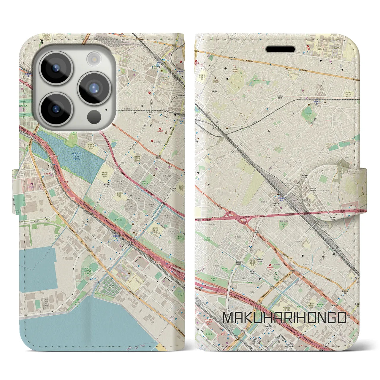 【幕張本郷】地図柄iPhoneケース（手帳両面タイプ・ナチュラル）iPhone 15 Pro 用