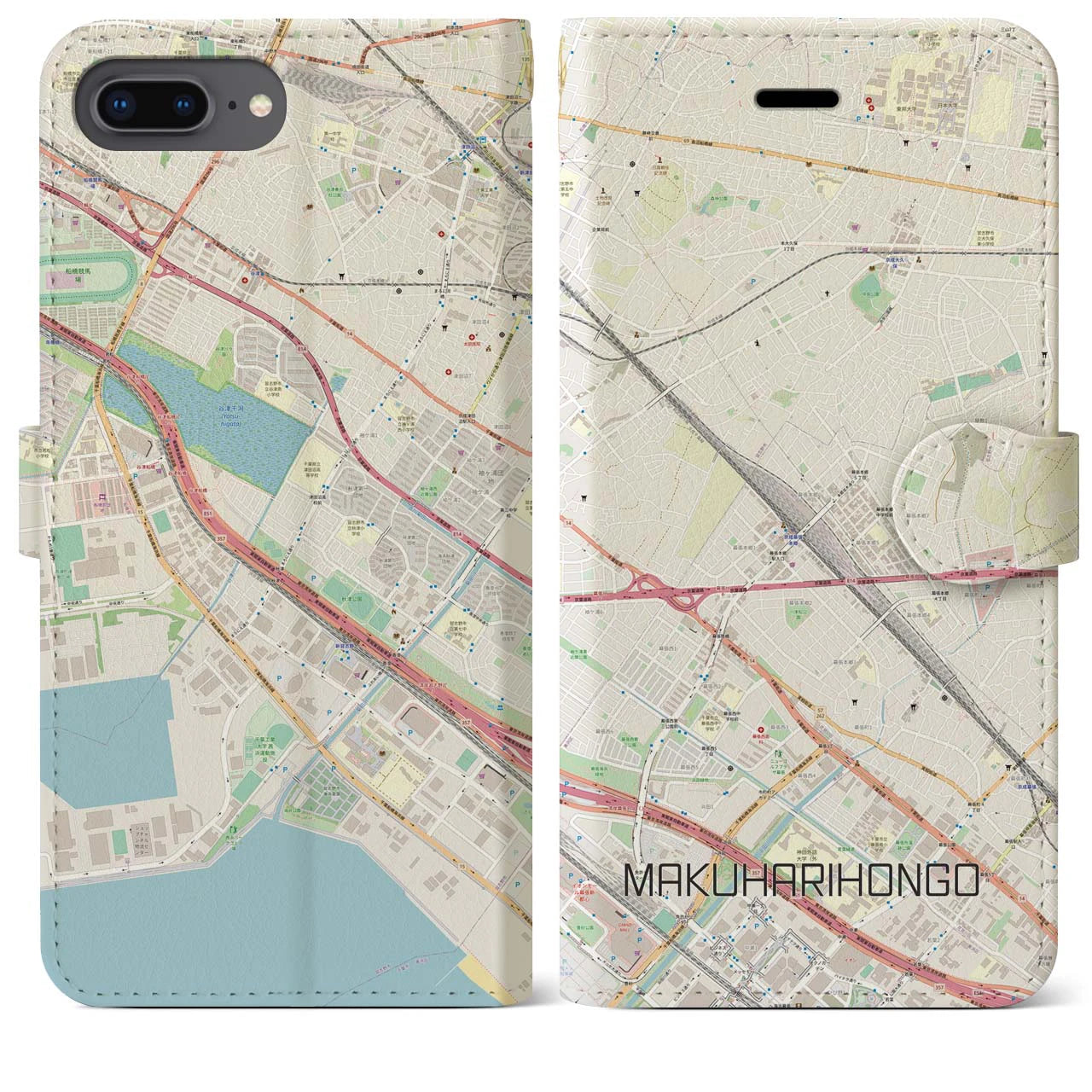 【幕張本郷】地図柄iPhoneケース（手帳両面タイプ・ナチュラル）iPhone 8Plus /7Plus / 6sPlus / 6Plus 用