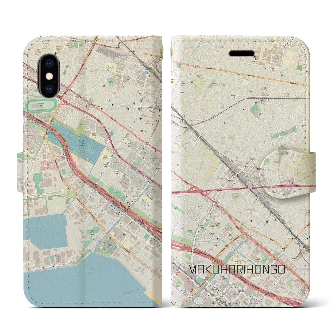 【幕張本郷】地図柄iPhoneケース（手帳両面タイプ・ナチュラル）iPhone XS / X 用