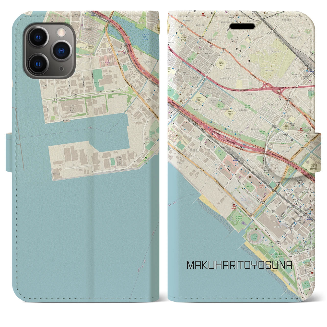【幕張豊砂】地図柄iPhoneケース（手帳両面タイプ・ナチュラル）iPhone 11 Pro Max 用