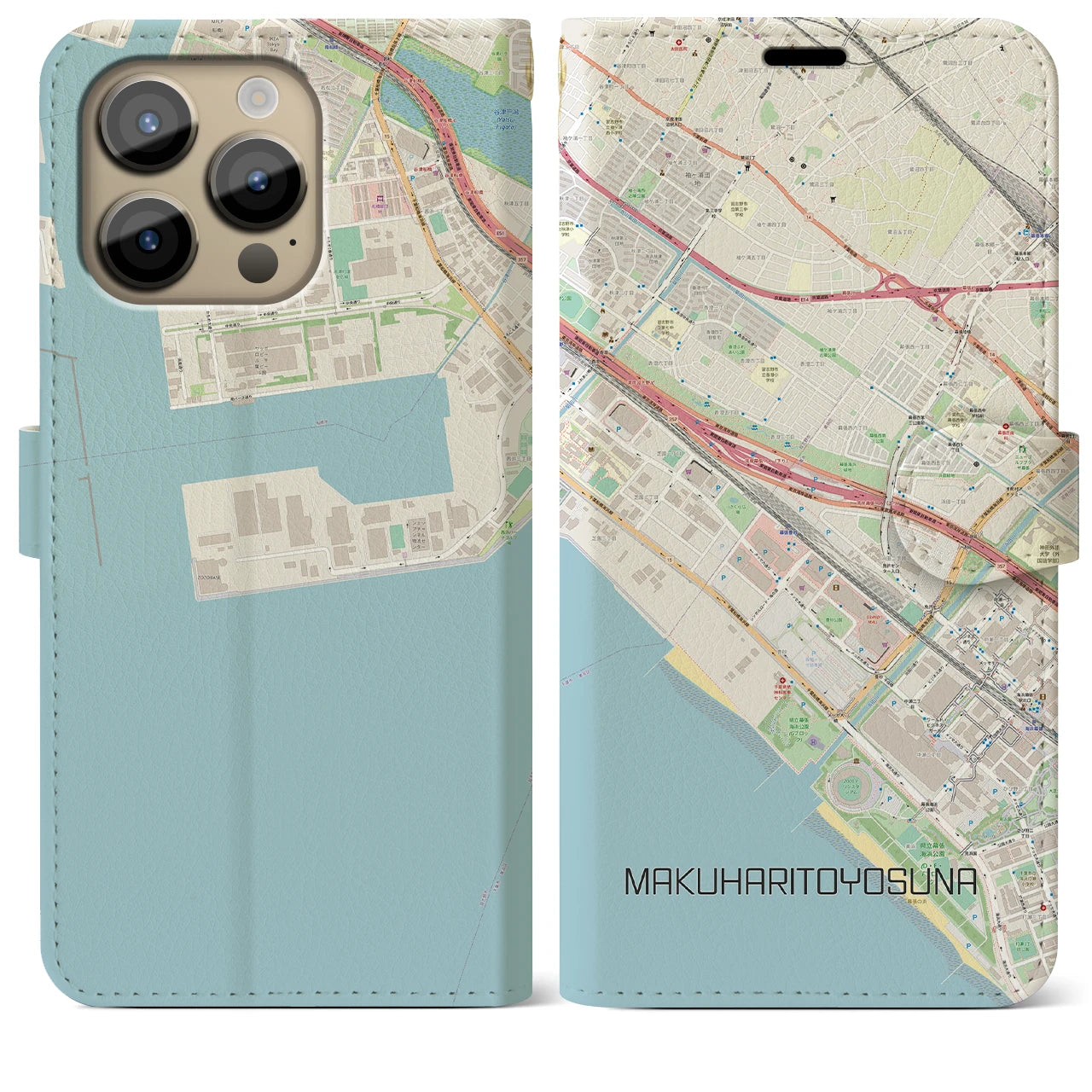 【幕張豊砂】地図柄iPhoneケース（手帳両面タイプ・ナチュラル）iPhone 14 Pro Max 用
