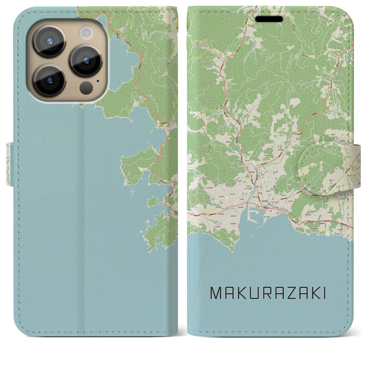 【枕崎】地図柄iPhoneケース（手帳両面タイプ・ナチュラル）iPhone 14 Pro Max 用