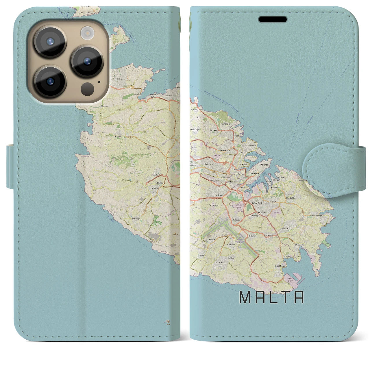 【マルタ】地図柄iPhoneケース（手帳タイプ）ナチュラル・iPhone 14 Pro Max 用