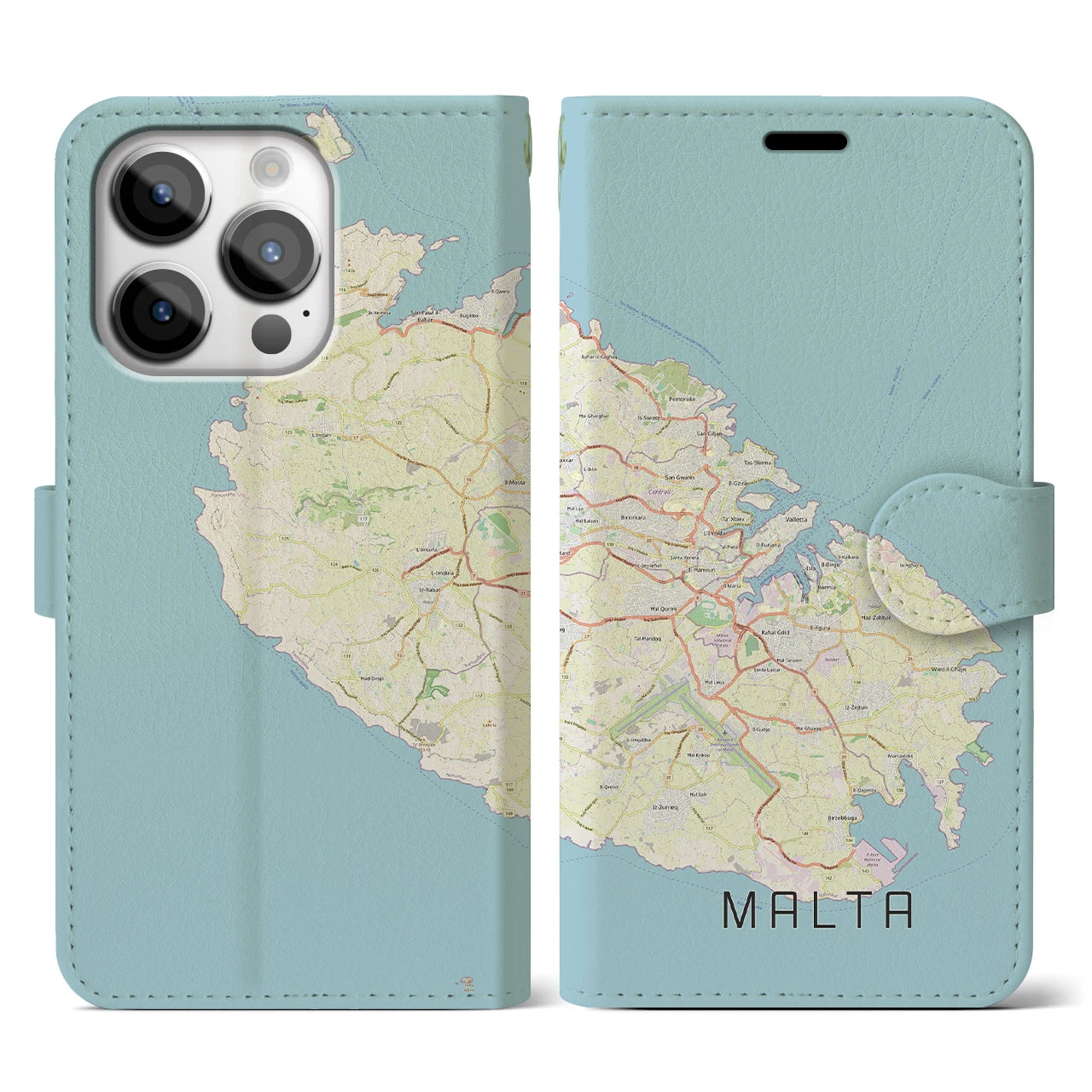 【マルタ】地図柄iPhoneケース（手帳タイプ）ナチュラル・iPhone 14 Pro 用