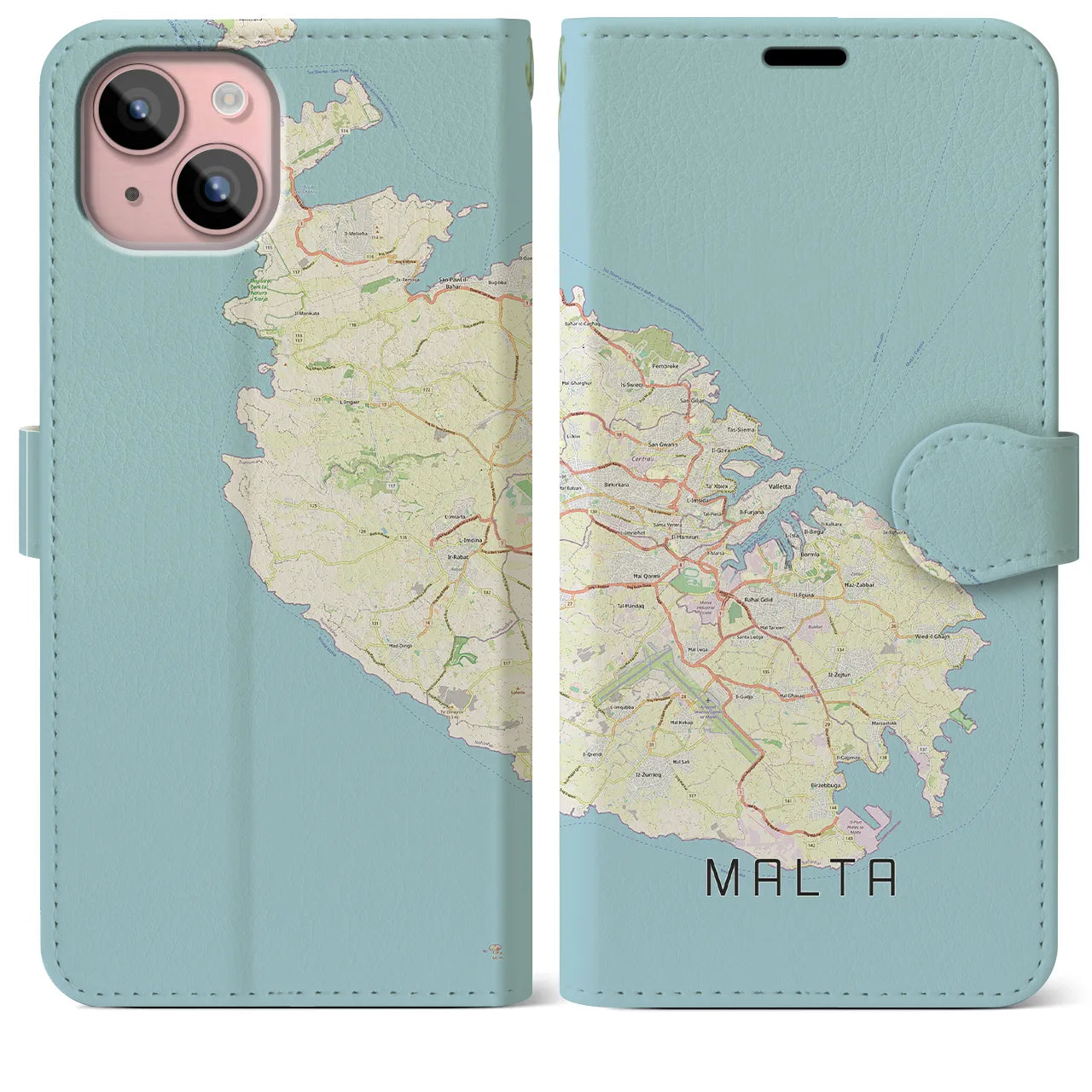 【マルタ】地図柄iPhoneケース（手帳両面タイプ・ナチュラル）iPhone 15 Plus 用