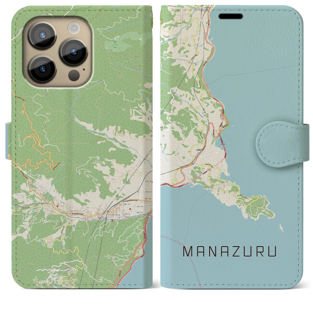 【真鶴】地図柄iPhoneケース（手帳両面タイプ・ナチュラル）iPhone 14 Pro Max 用