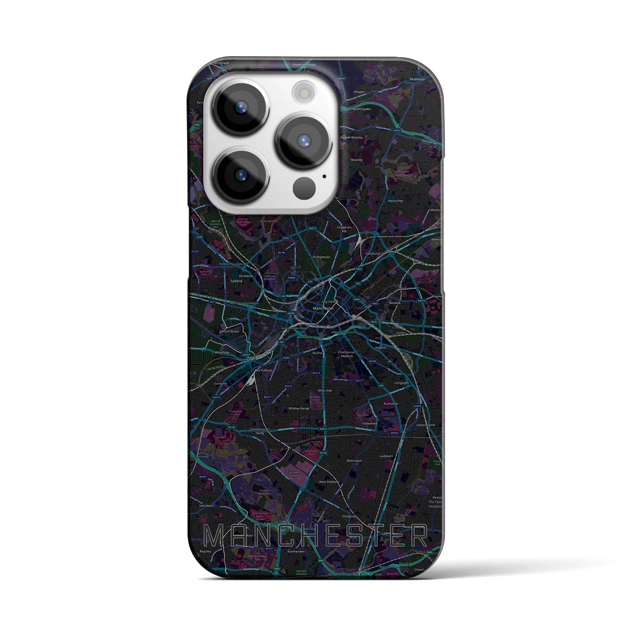 【マンチェスター】地図柄iPhoneケース（バックカバータイプ・ブラック）iPhone 14 Pro 用
