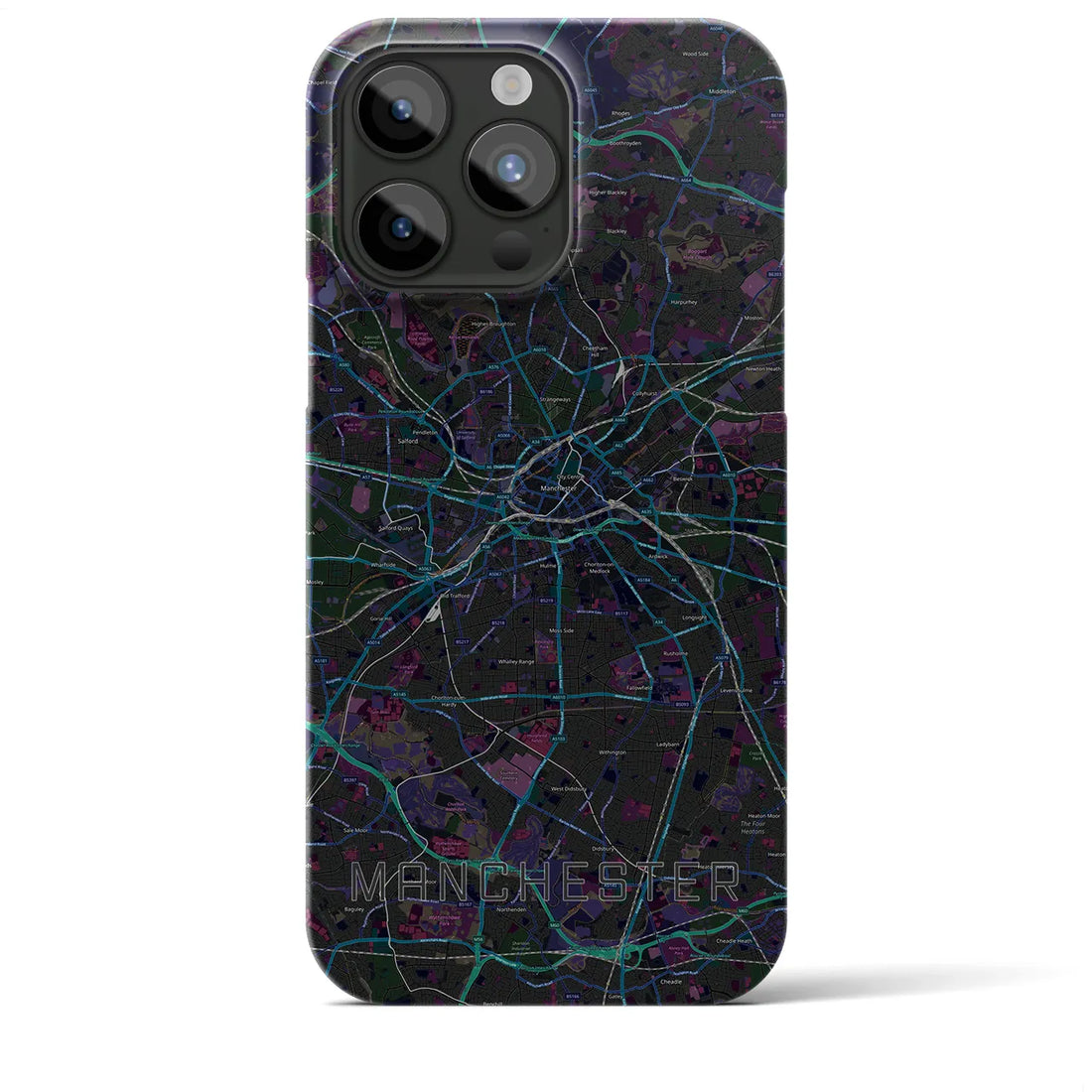 【マンチェスター】地図柄iPhoneケース（バックカバータイプ・ブラック）iPhone 15 Pro Max 用