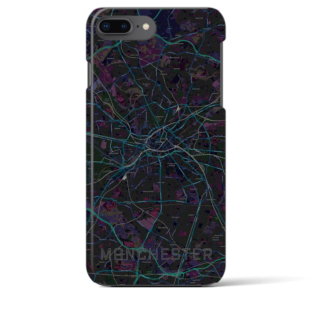 【マンチェスター】地図柄iPhoneケース（バックカバータイプ・ブラック）iPhone 8Plus /7Plus / 6sPlus / 6Plus 用