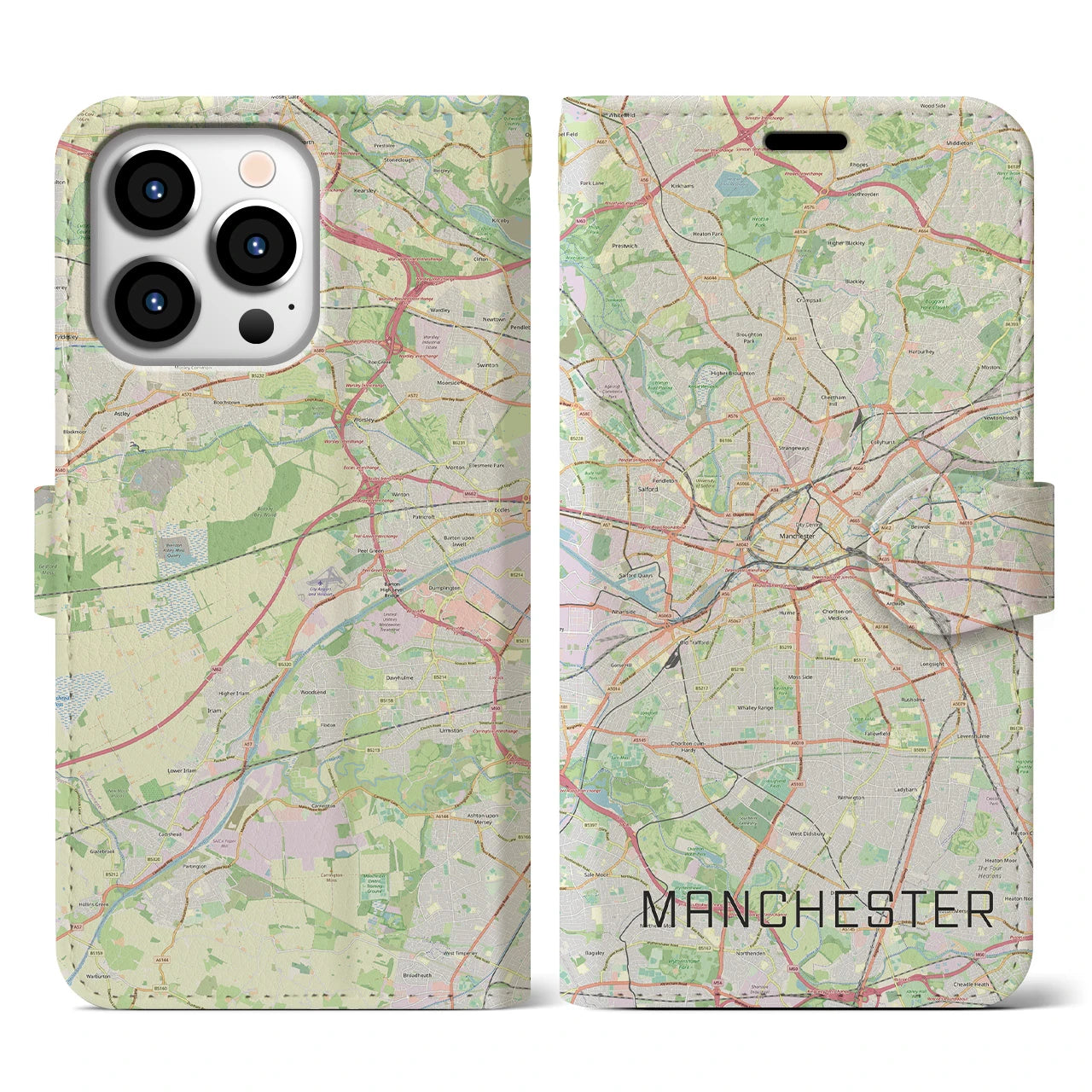 【マンチェスター】地図柄iPhoneケース（手帳両面タイプ・ナチュラル）iPhone 13 Pro 用